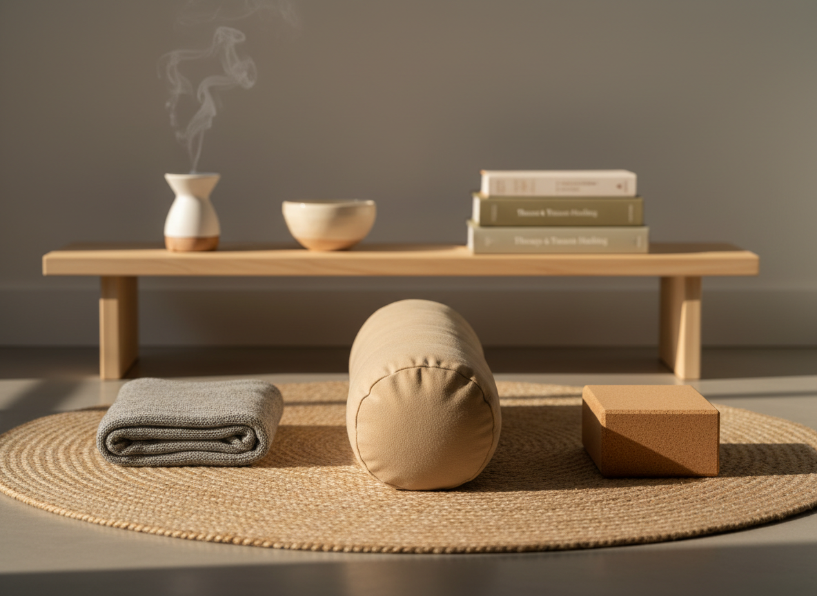 A sand-colored yoga bolster rests lengthwise on a natural jute rug, with a neatly folded, heather-gray blanket and a cork yoga block placed with deliberate symmetry on either side. Behind them, a low wooden shelf holds a few carefully chosen items: a small essential oil diffuser, a ceramic bowl, and a stack of well-used therapy and trauma healing books with neutral spines. Late-afternoon golden light pours in from the right, casting long, soft shadows that elongate the shapes and warm the textures. Photographed from a low, side angle with a shallow depth of field, the foreground props are in crisp focus while the shelf blurs gently. The photographic style is calming and modern, evoking a grounded, body-based healing space without feeling clinical.