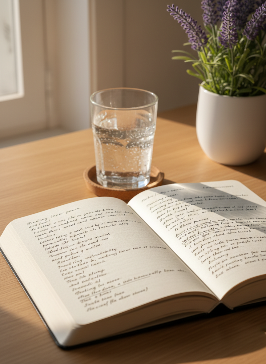 A thick, open journal with softly textured cream pages lies on a light oak desk, its two visible pages filled with neat, handwritten reflections and gently underlined phrases about healing and safety. Beside it, a glass of water with tiny condensation droplets rests on a cork coaster, and a small lavender plant in a matte white pot adds a hint of color. Soft morning light filters through an unseen window, creating gentle highlights on the ink and subtle shadows along the page edges. Shot at eye level with a shallow depth of field, the foreground text is crisp while the plant blurs softly, conveying a calm, reflective mood. The photographic realism emphasizes a clean, modern, professional aesthetic that feels safe and grounded.