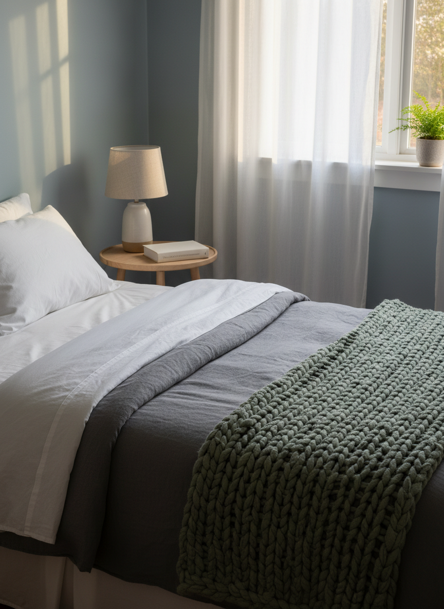 A neatly made bed with layered textures—crisp white cotton sheets, a soft gray linen duvet, and a chunky knitted throw in muted sage—fills the center of a small, serene bedroom. On the bedside table, a closed hardcover book titled with a subtle reference to nervous system regulation rests beside a simple ceramic lamp with a warm glow. Dim late-afternoon sunlight seeps through sheer curtains, blending with the lamp’s soft light to create a cocoon-like atmosphere. Photographed from a slightly elevated corner angle, the composition uses the rule of thirds to draw the eye from the bed to the lamp and book, suggesting rest, integration, and quiet healing. The photographic style is clean, calm, and professional, emphasizing comfort without clutter.