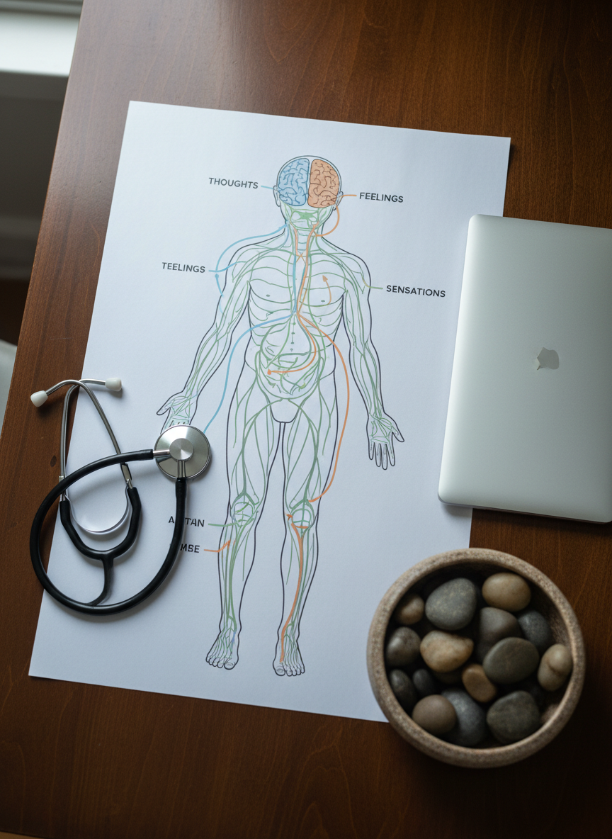 A polished wooden table displays a detailed illustration of the human brain and body printed on smooth, matte paper, with colored lines gently connecting areas labeled “thoughts,” “feelings,” and “sensations.” Next to the diagram, a stethoscope and a sleek, closed laptop sit neatly aligned, while a small stone bowl filled with smooth river rocks anchors the scene. Cool, diffused daylight from a nearby window creates even, shadow-soft lighting, emphasizing clarity and focus. Captured from a slightly overhead angle with sharp focus throughout, the composition feels like an organized workspace for trauma-informed care. The photographic realism highlights the integration of mind and body, with a calm, professional mood that suggests grounded knowledge and practical healing.