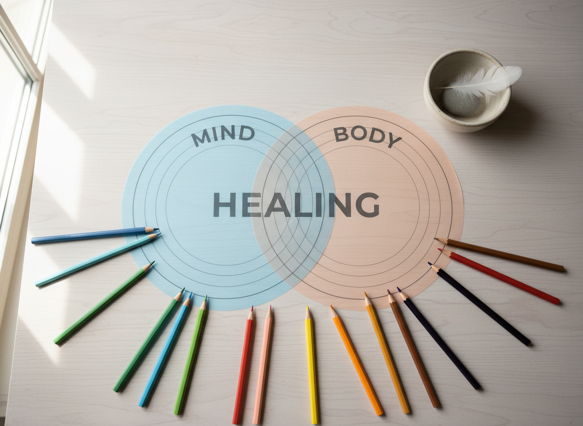 A close-up of a smooth, pale wooden tabletop shows two overlapping sets of concentric circles printed on translucent vellum sheets—one labeled “mind,” the other “body”—perfectly aligned at the center where the word “healing” appears in clean, modern typography. Around them, colored pencils lie neatly arranged by hue, and a ceramic bowl holds grounding objects like a small feather and polished stone. Soft, overcast natural light from the left creates delicate shadows along the paper edges, highlighting their transparency and layered meaning. Shot from directly above with a balanced, minimalist composition, the image feels precise yet gentle. The photographic realism and muted color palette create a contemplative, integrative atmosphere that visually explains how mental and physical experiences overlap in trauma healing.